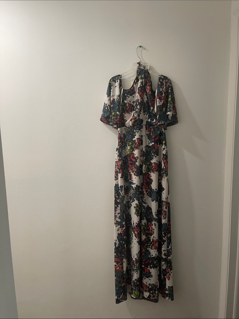 BCBGMaxAzria White Floral Maxi Dress with Blue, Red and Green Print